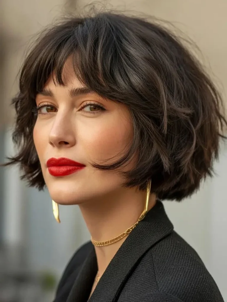 Wavy Black Bob with Short Fringe Bangs