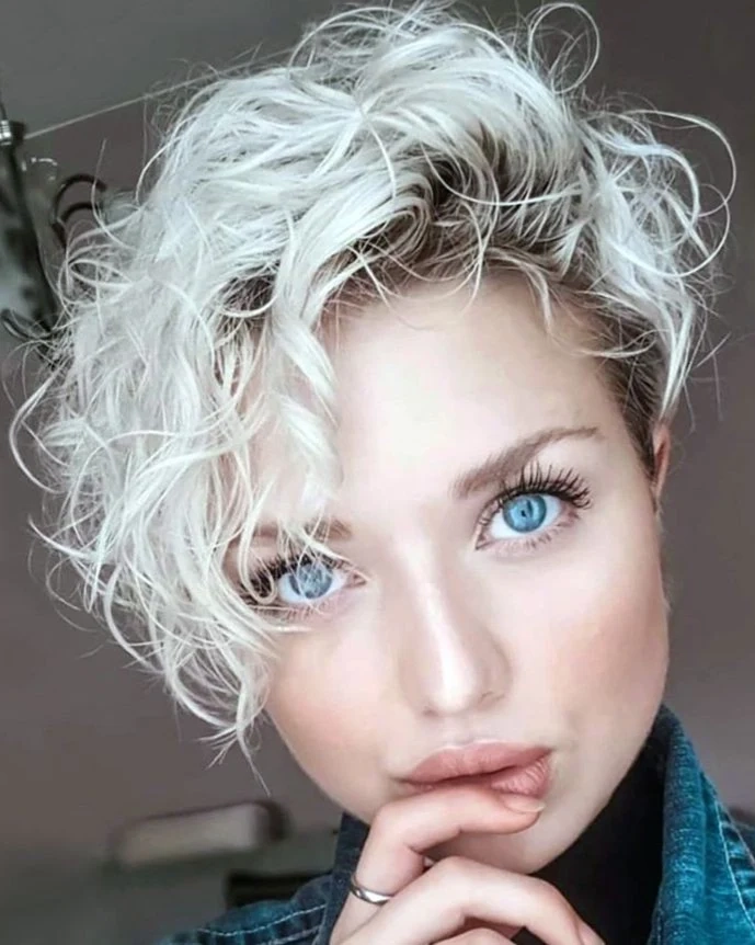 White Blonde Curly Pixie with Dark Undercut Roots