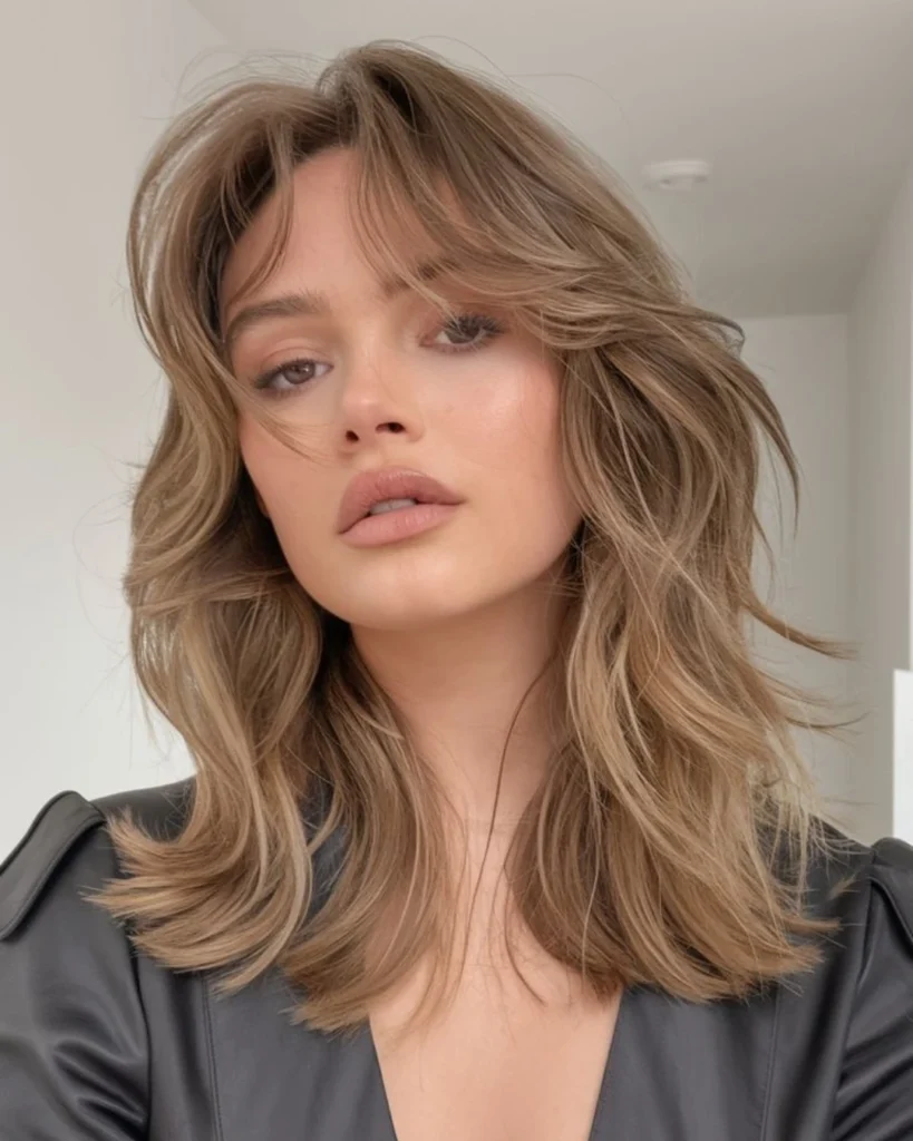 Ash Bronde Textured Layers With Feathery Curtain Bangs