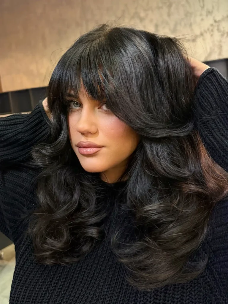 Black Voluminous Curls With Full Curtain Bangs