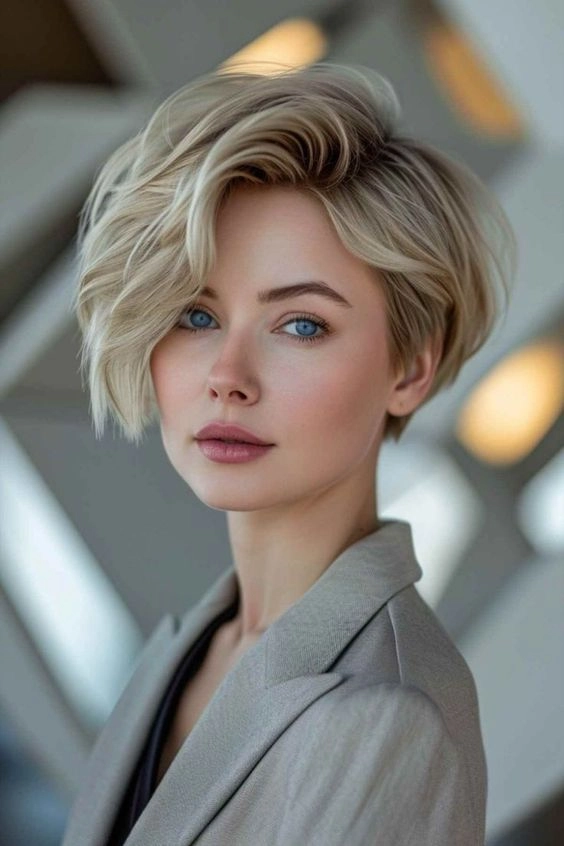  Blonde Layered Pixie Bob with Swept-Back Crown and Side Volume