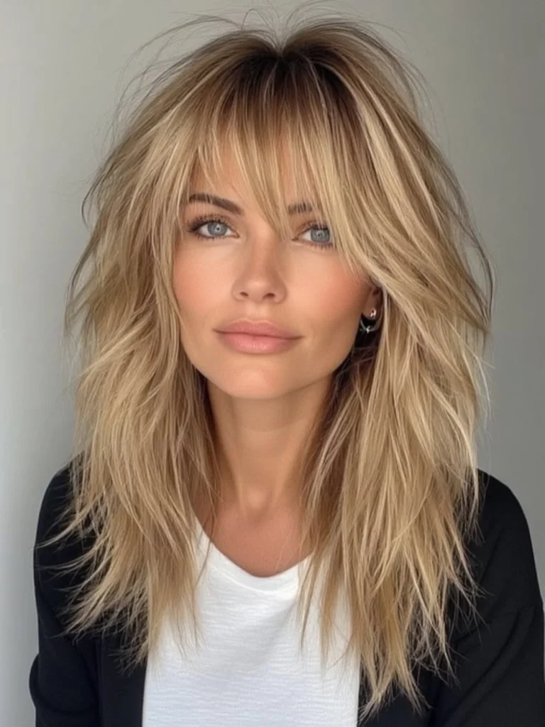 Blonde Shag with Heavy Texture and Curtain Bangs