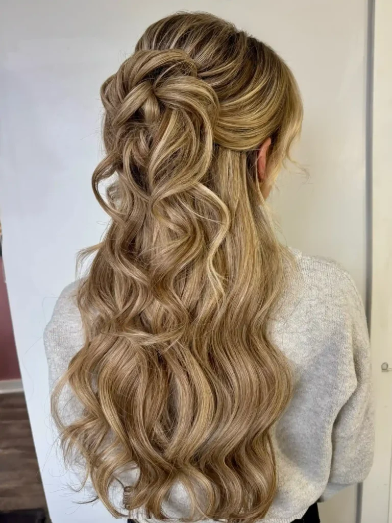 Boho Twisted Half Up with Long Curly Blonde Waves