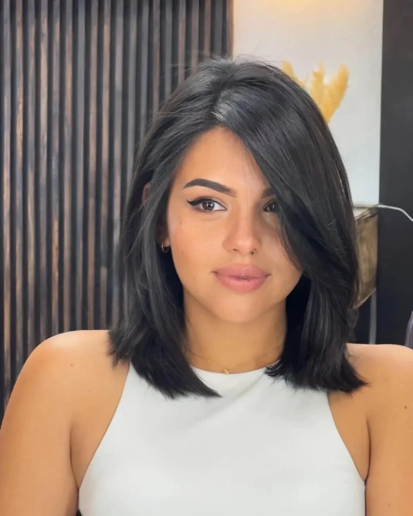 Bold Black Lob with Heavy Side Swept Layers
