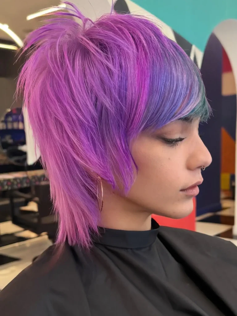 Bold Purple and Blue Shaggy Mullet Bob with Spiky Layers