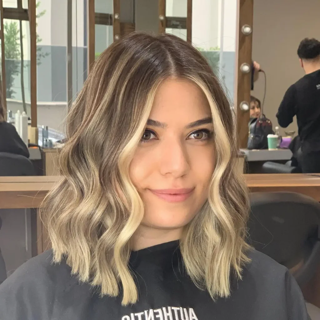 Brown to Blonde Wavy Lob with Bright Face Frame