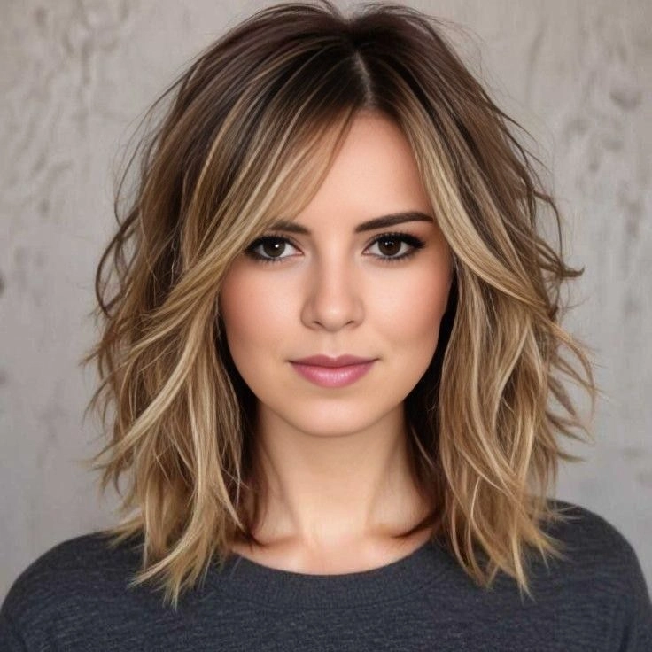 Choppy Brunette Lob with Blonde Balayage and Side Bangs