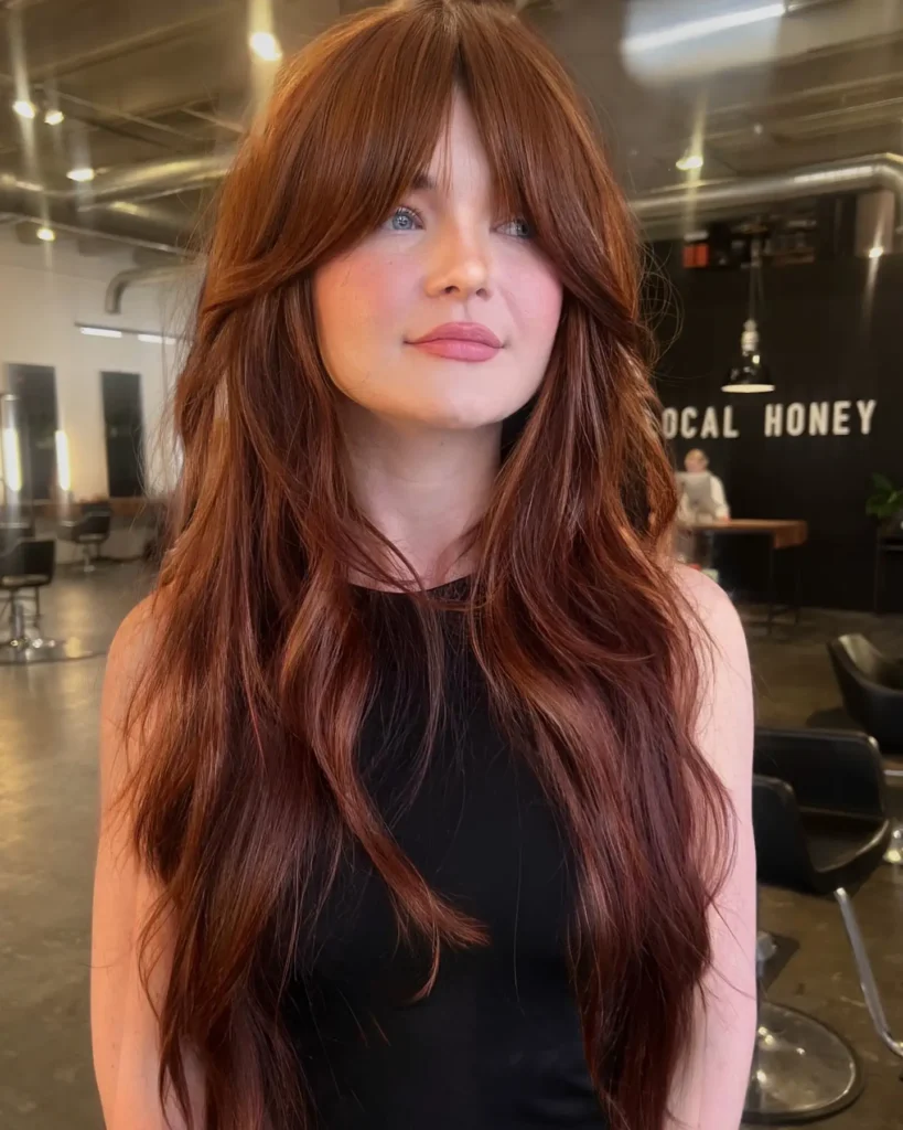 Copper Red Long Hair With Curtain Bangs