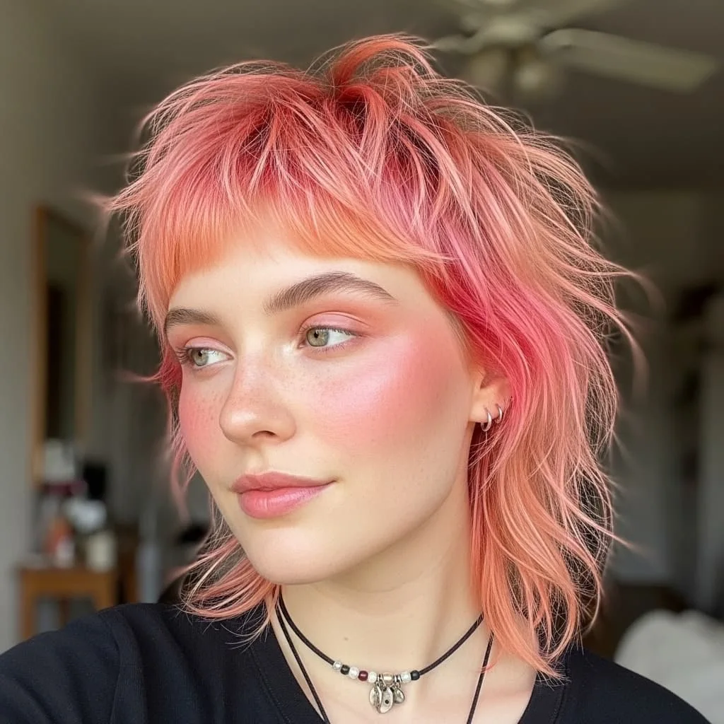 Coral and Pink Toned Shaggy Mullet Bob with Spiky Texture
