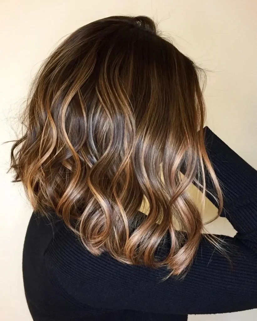 Dark Brown Balayage with Caramel Curls