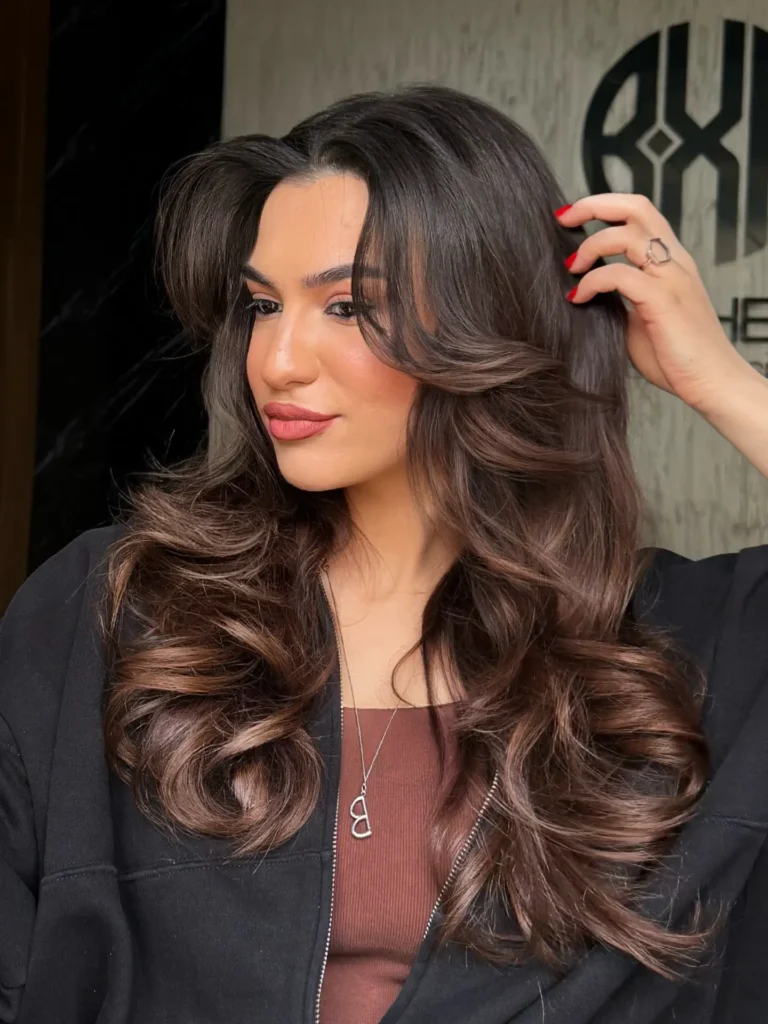 Dark Brown Glamour Curls With Voluminous Curtain Bang Sweep