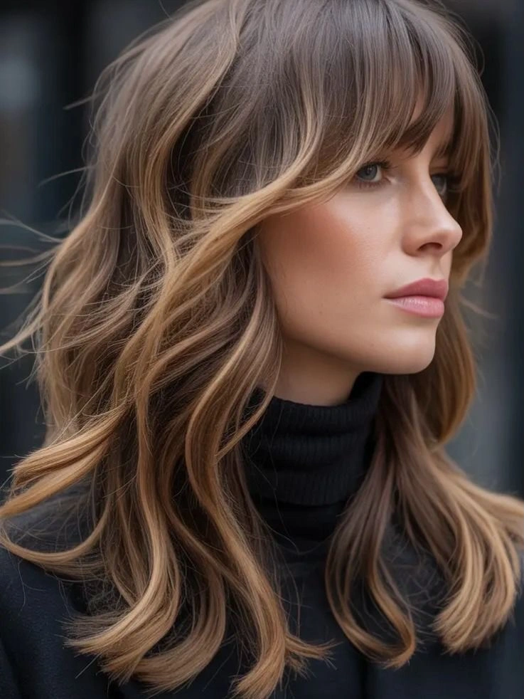 Dark Brown Wavy Layers with Caramel Balayage and Blunt Fringe