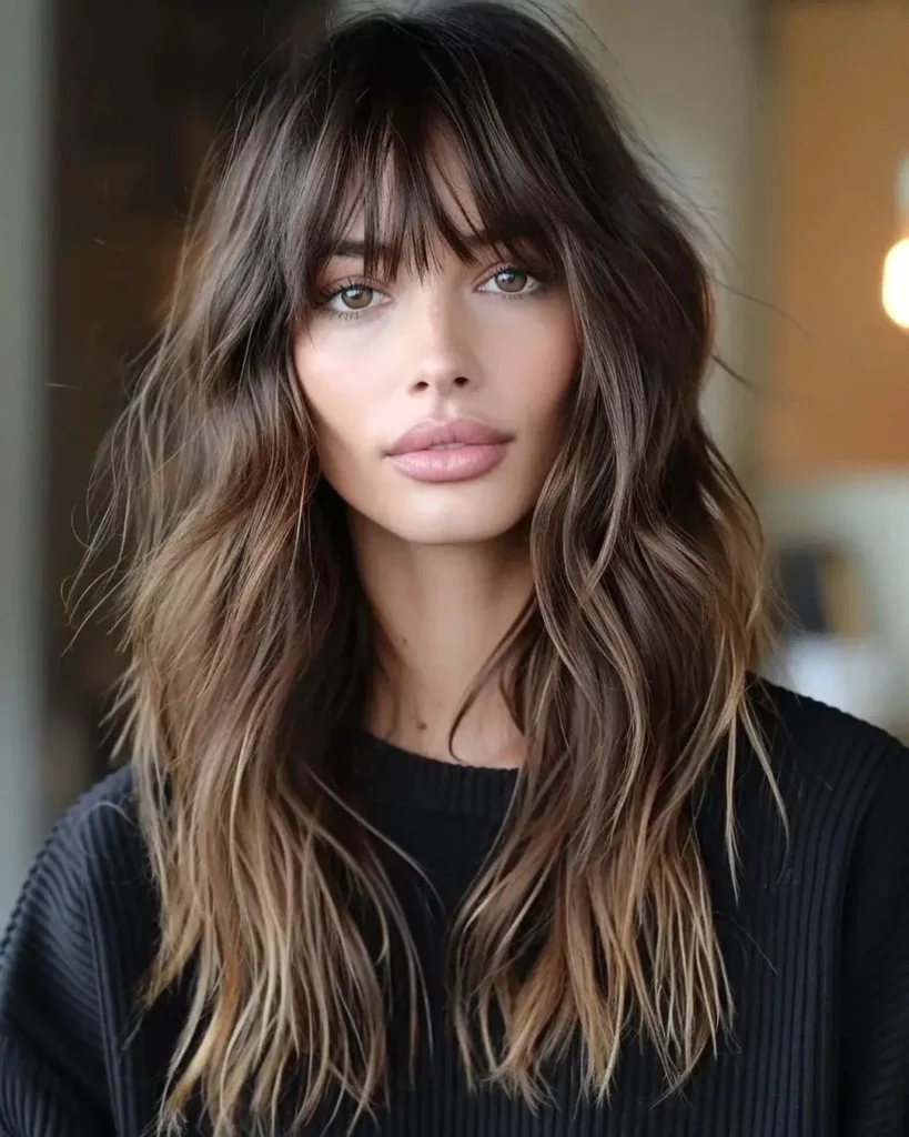 Dark Brunette Ombre Waves With Wispy Curtain Bangs