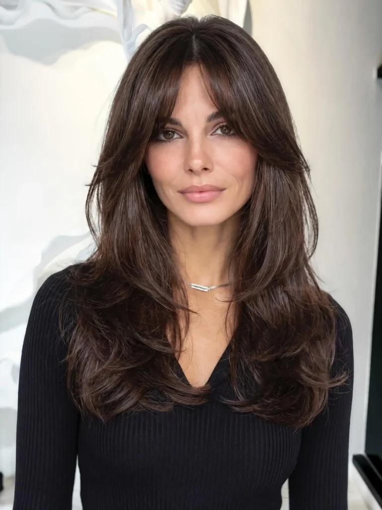 Dark Chocolate Layered Hair With Curtain Bangs