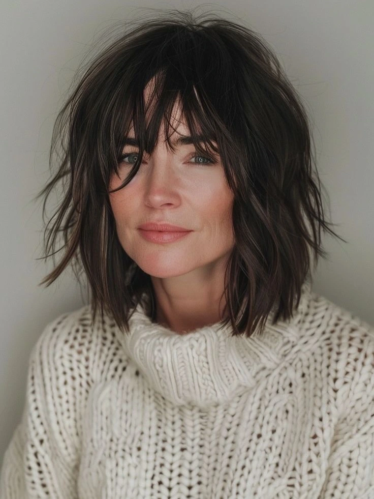 Dark Choppy Bob with Feathered Bangs and Razored Texture