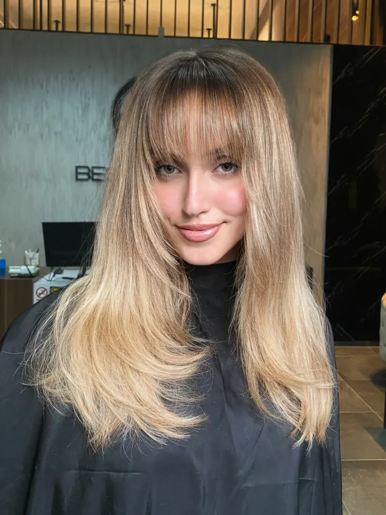 Dark Root Blonde Ombre With Straight Curtain Bangs