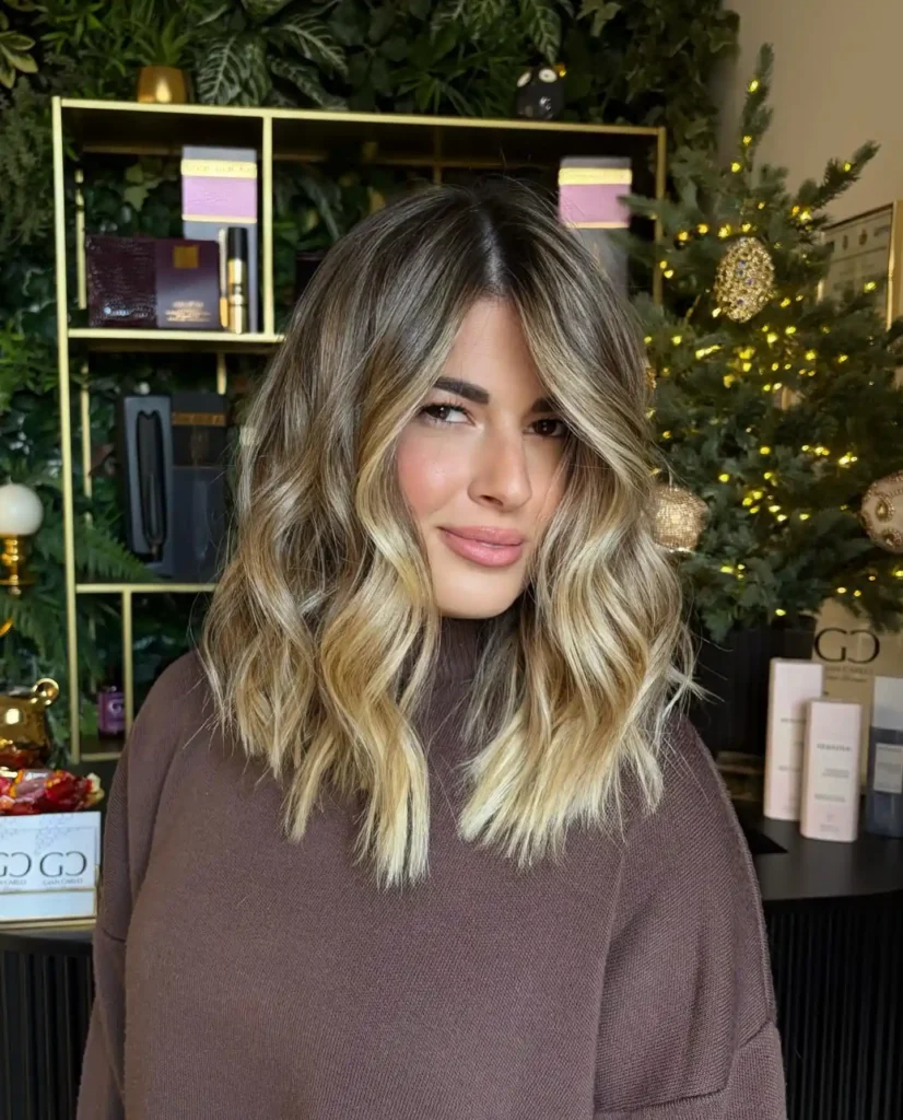  Dark Root Lob with Creamy Blonde Waves