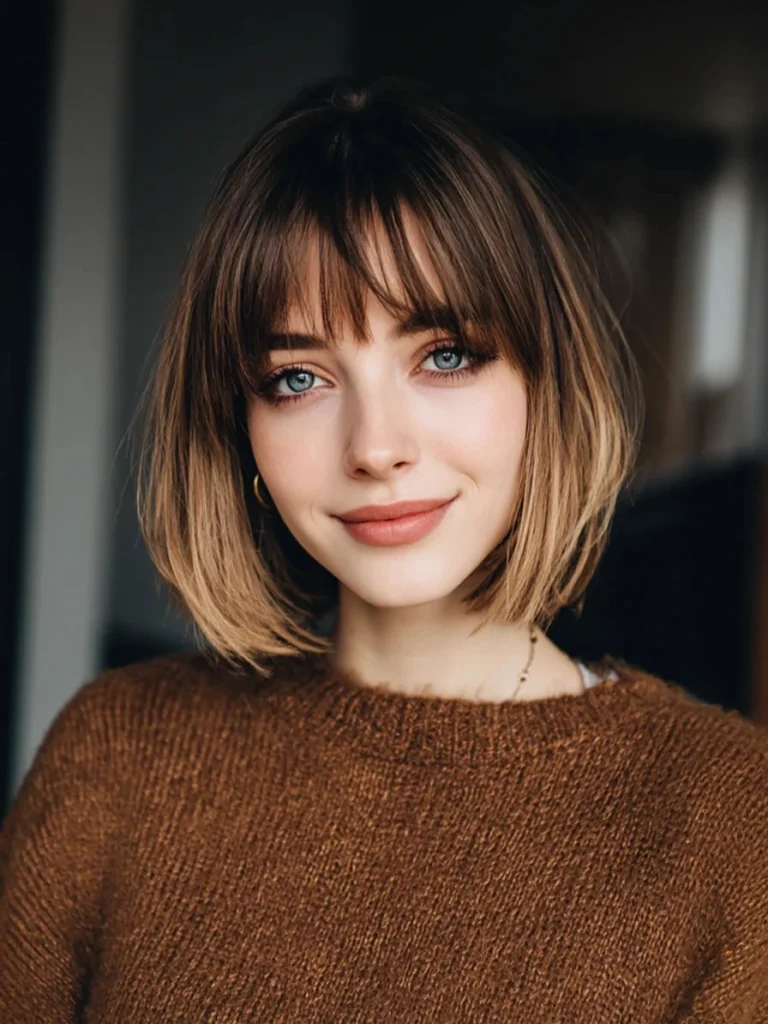  Dark-to-Blonde Ombre Bob with Straight Fringe