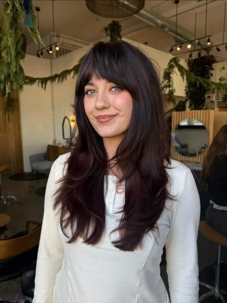 Deep Plum Black Long Hair With Curtain Bangs