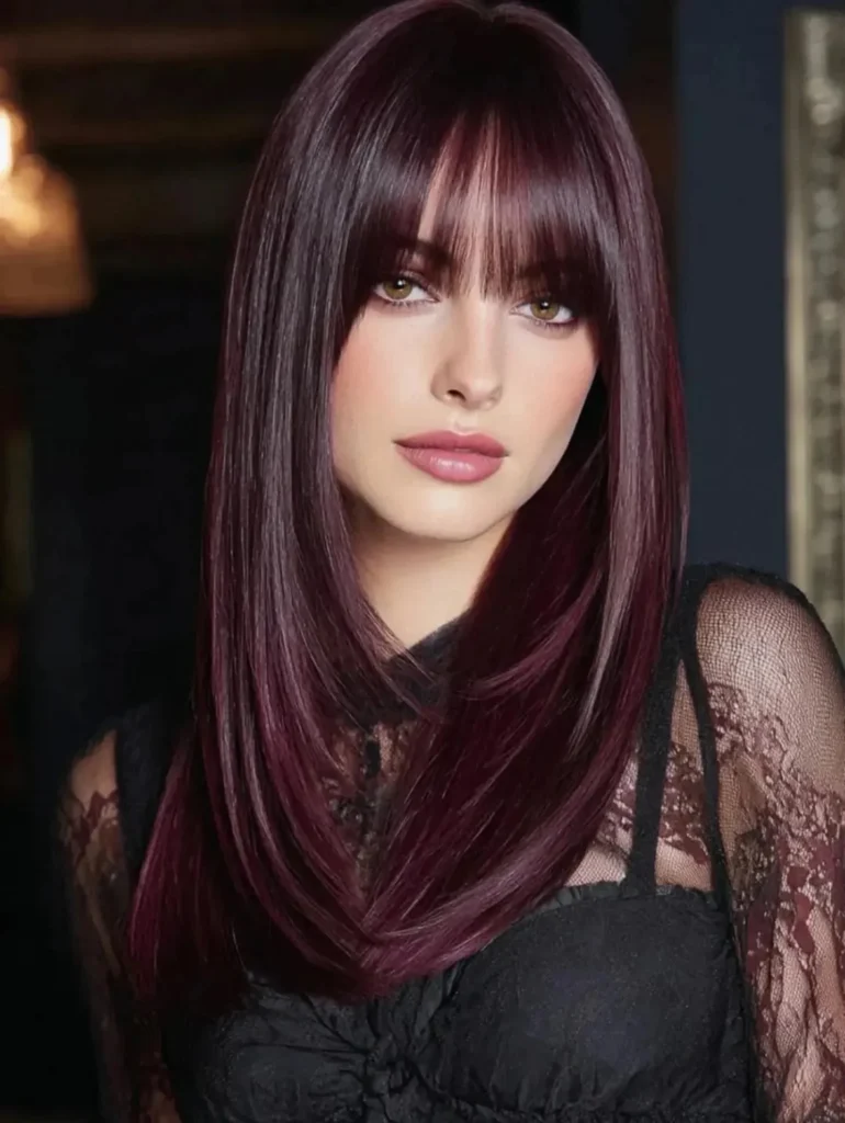 Deep Plum Violet Straight Cut with Full Blunt Bangs