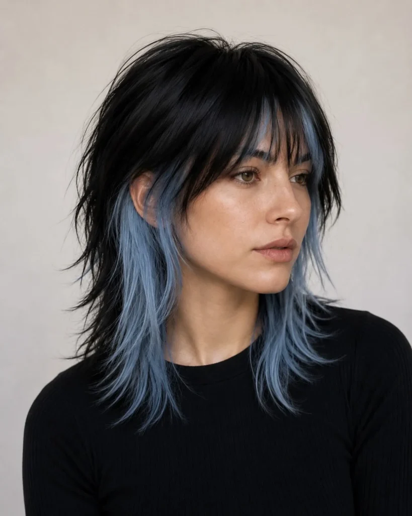 Edgy Black Shag with Steel Blue Face-Framing Panels