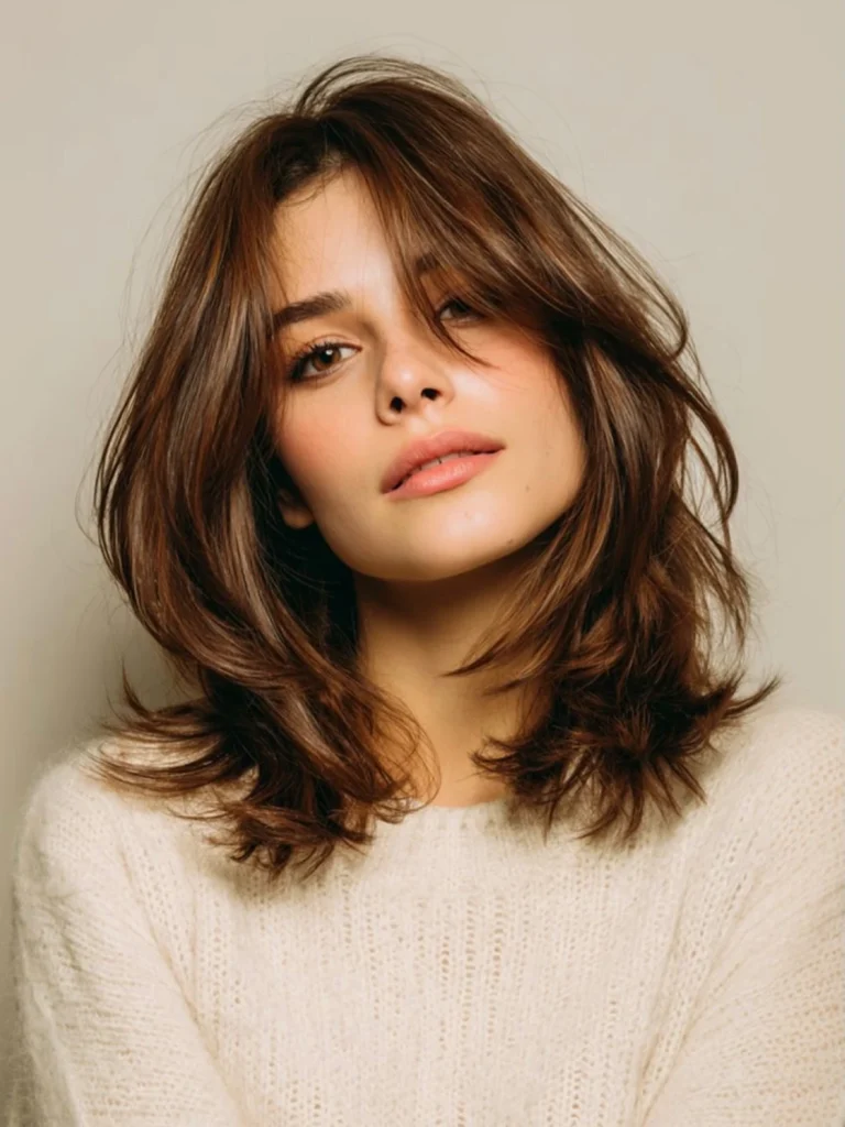 Fluffy Brown Mid-Length with Feathered Ends and Side Fringe
