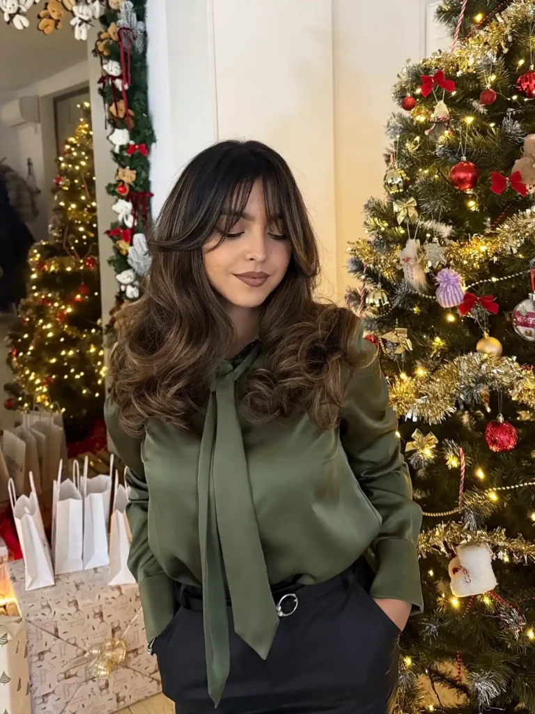 Glamorous Dark Brown Barrel Curls With Curtain Bangs