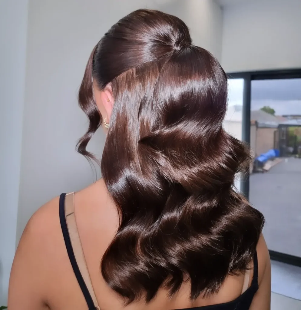 Glossy Half Up Knot with Chocolate Hollywood Waves