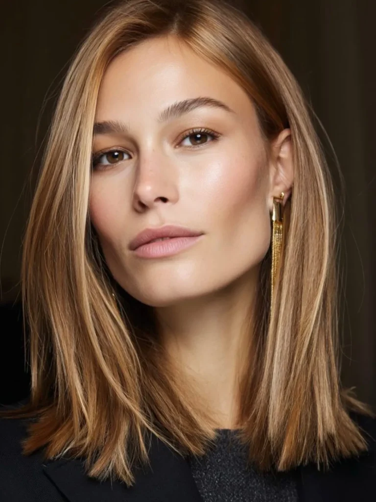 Golden Blonde Sleek Lob with Center Part