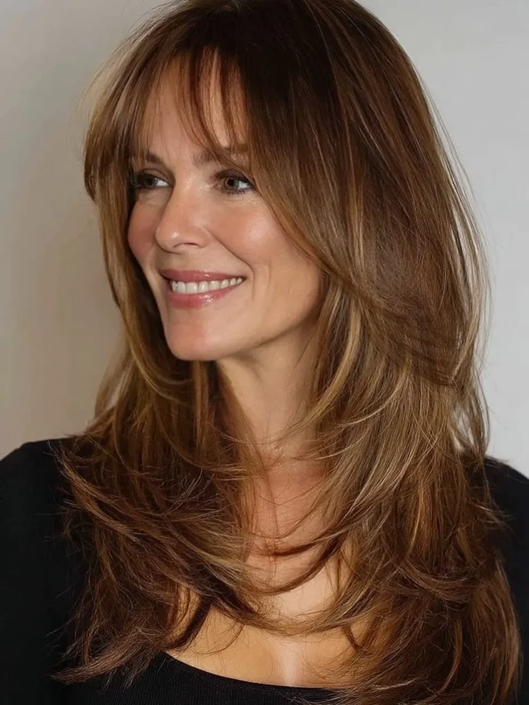 Golden Brown Layered Hair With Side Swept Curtain Bangs