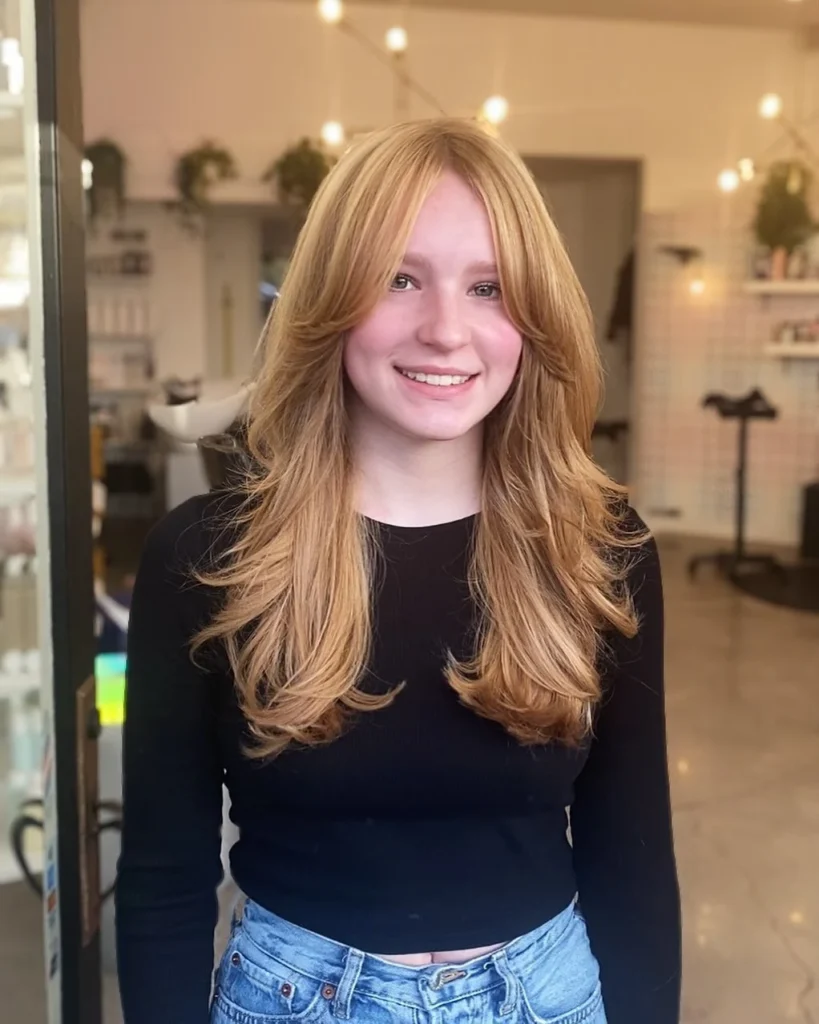 Golden Copper Long Layers With Curtain Bang Fringe