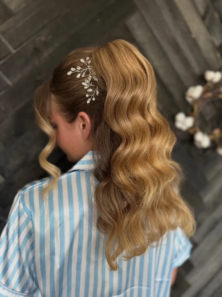  Half Up Ponytail with Crystal Hair Pin and Golden Waves