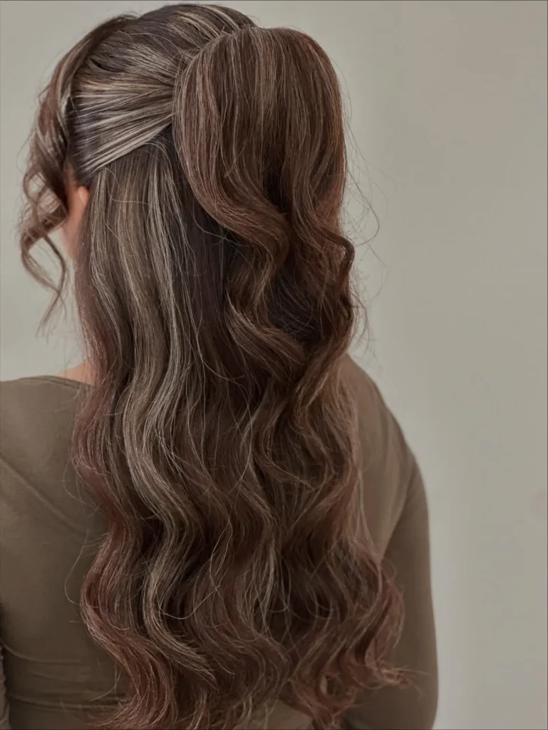 Half Up Twisted Ponytail with Natural Brown Waves