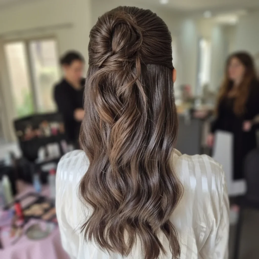 Half Up Twisted Rosette with Sleek Brunette Waves