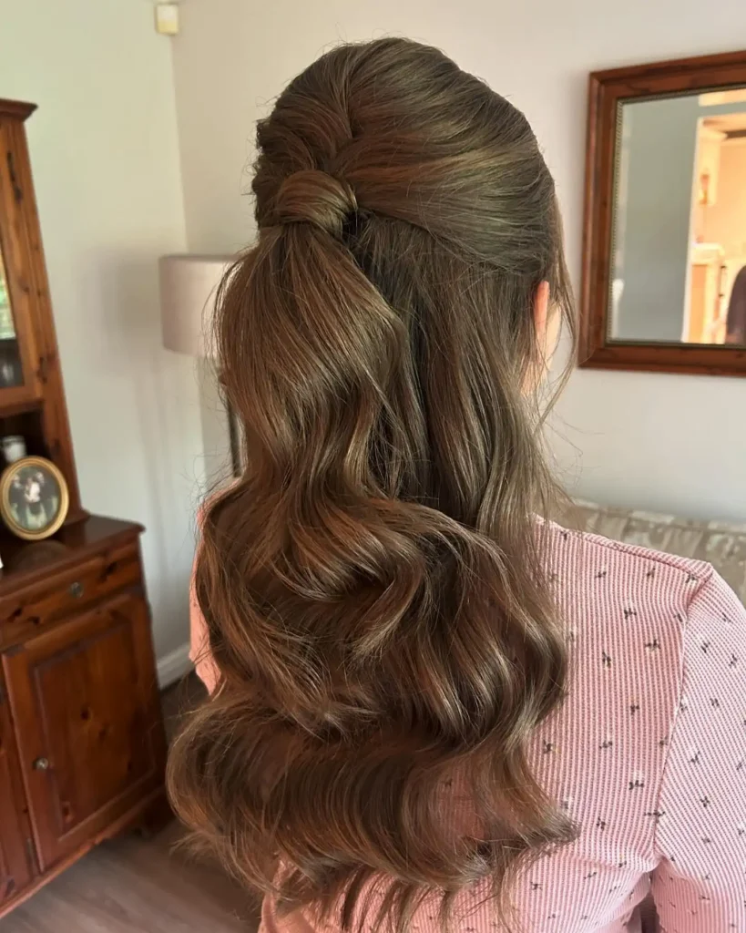 Half Up Wrapped Knot with Natural Brunette Waves