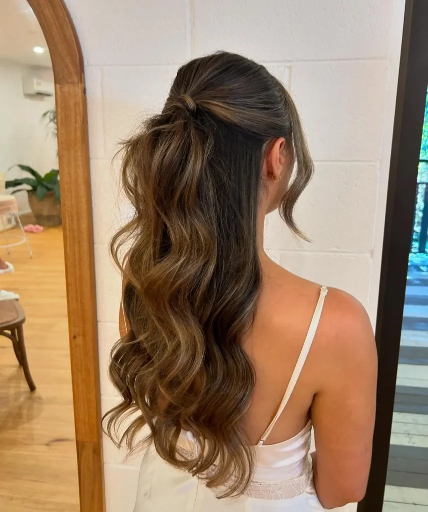  Half Up Wrapped Ponytail with Brunette Balayage Waves