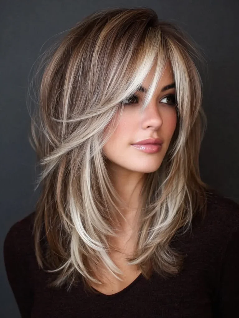 High Contrast Blonde Highlighted Layers with Side Swept Bangs