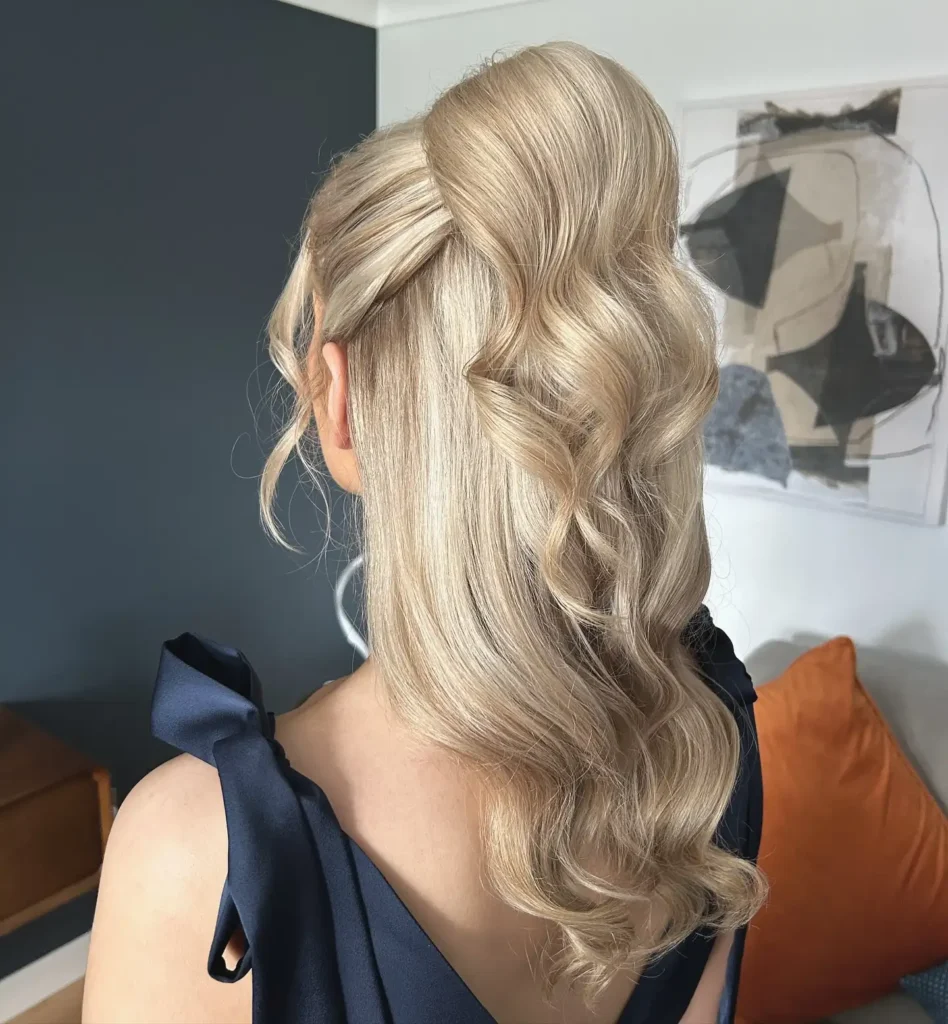 High Half Up Ponytail with Sculpted Blonde Waves