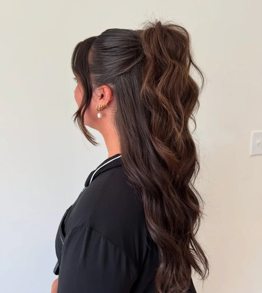 High Half Up Ponytail with Wispy Face Framing Pieces