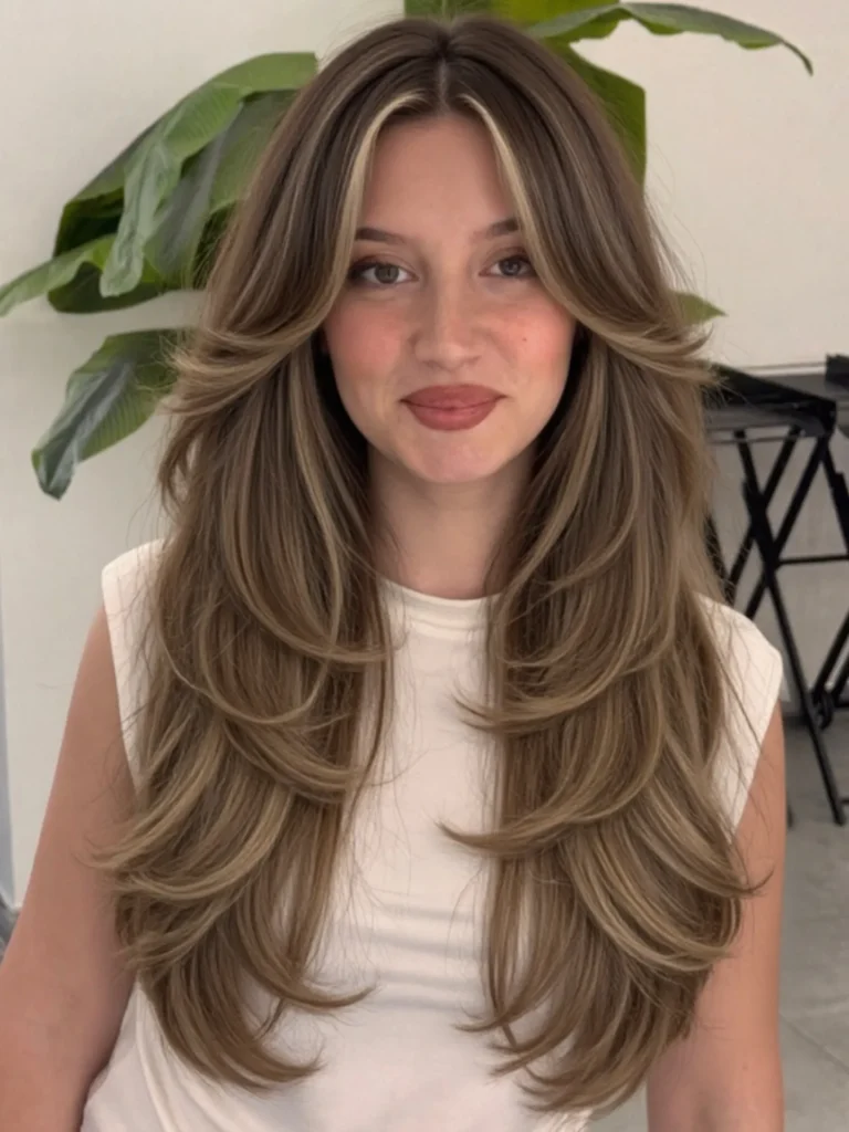 Highlighted Brunette Butterfly Cut With Minimal Curtain Bangs