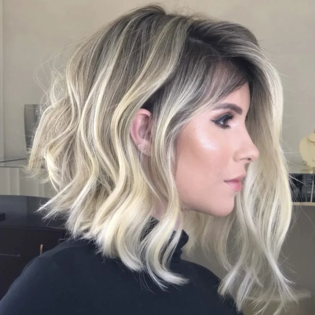 Icy Blonde Lob with Shadow Root and Side Sweep