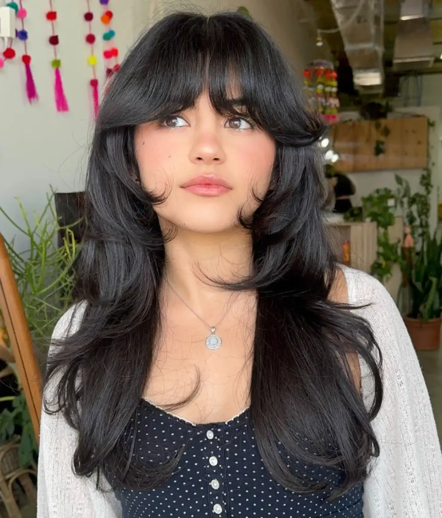 Jet Black Long Hair With Curled Curtain Bangs