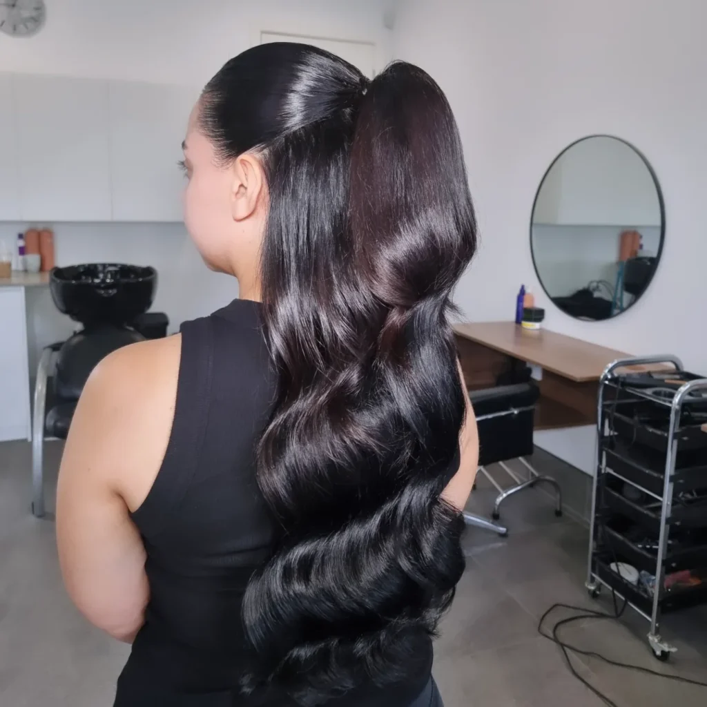  Jet Black Sleek Half Up Ponytail with Glossy Waves