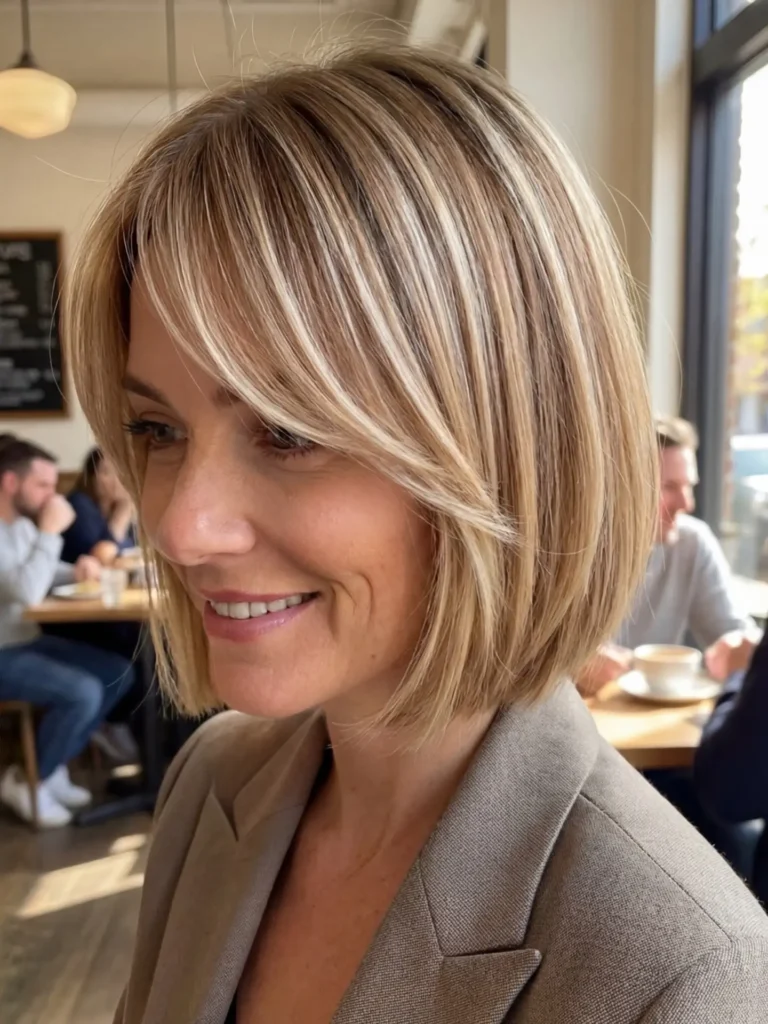  Layered Bob with Side-Swept Bangs and Blonde Highlights