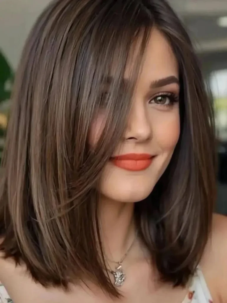 Layered Brunette Lob with Side Swept Bangs