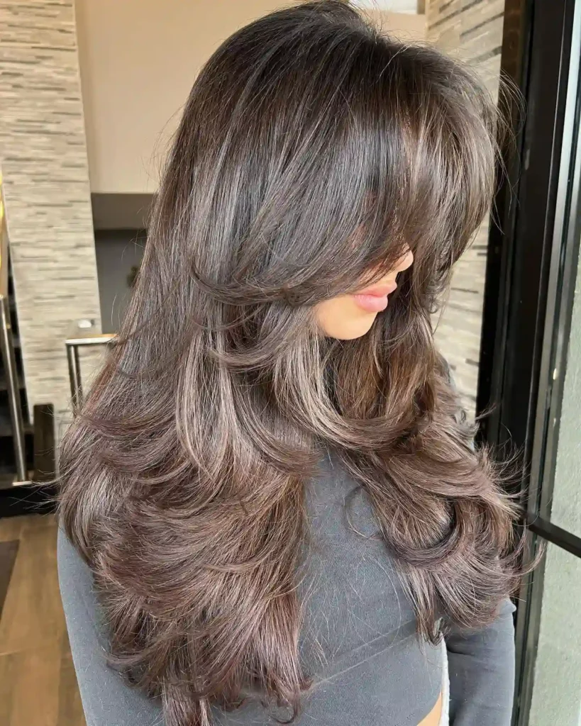 Layered Dark Brown Butterfly Cut With Curtain Bangs