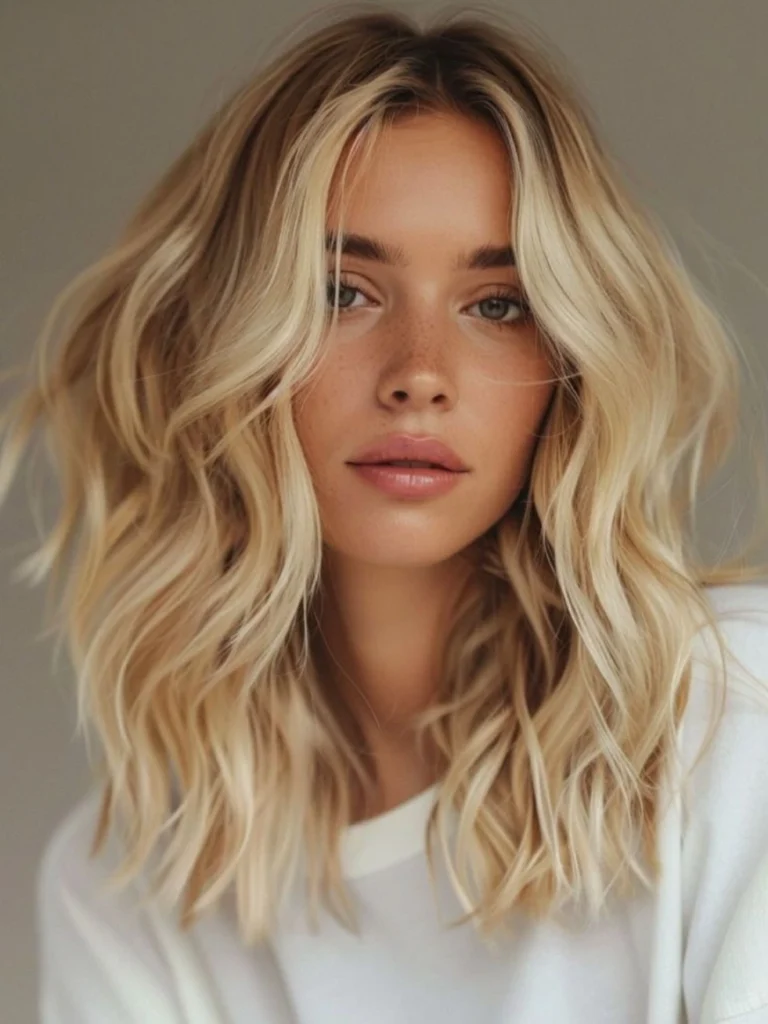  Long Wavy Blonde Lob with Dark Roots and Beachy Texture