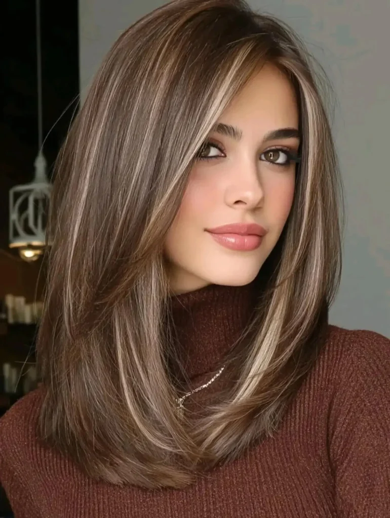 Medium Brown Straight Layers with Bright Blonde Highlights