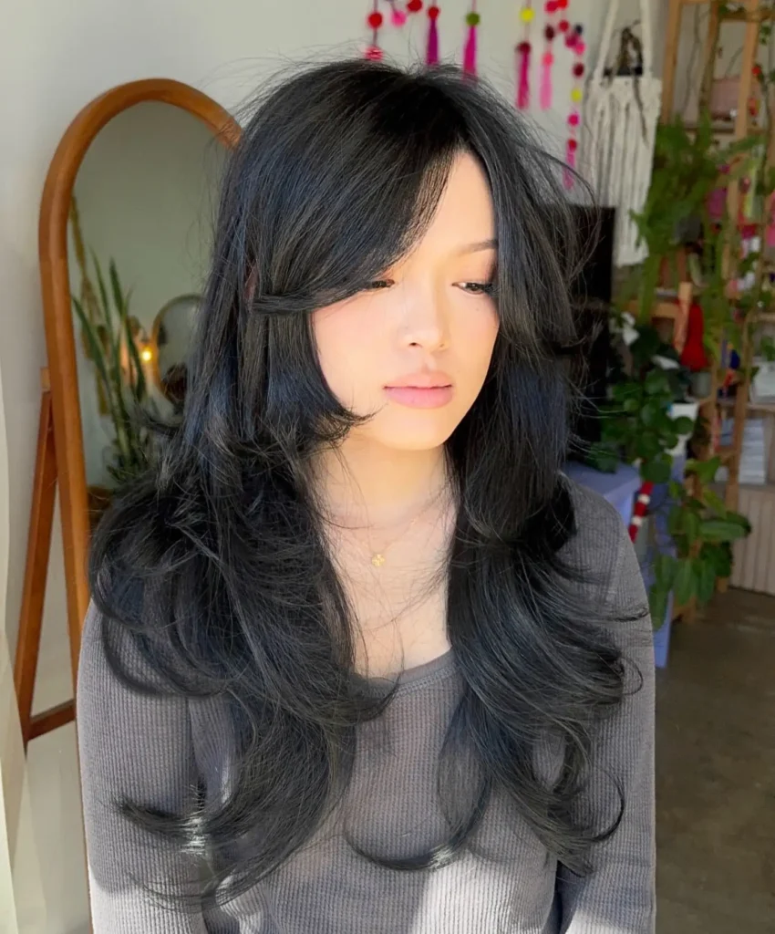 Midnight Blue Black Layers With Sweeping Curtain Bangs