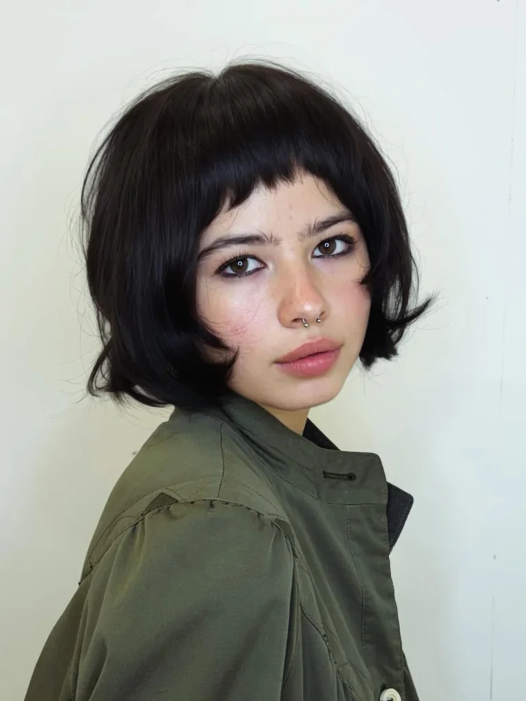 Mod-Inspired Black Bob with Blunt Fringe and Flicked Ends